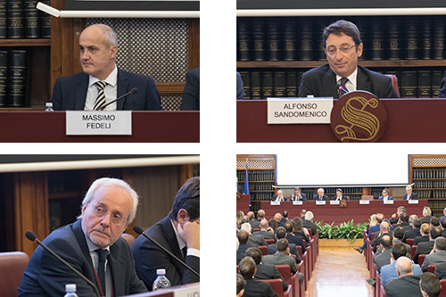 Da sinistra, in senso orario: Fedeli (Istat), Sandomenico (Senato della Repubblica), immagine della Sala, Fioroni (Senato della Repubblica)