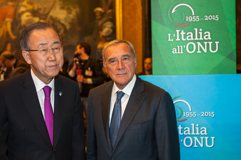 Il Presidente Grasso con il Segretario Generale dell'ONU, Ban Ki-Moon. alla mostra per la Cerimonia 