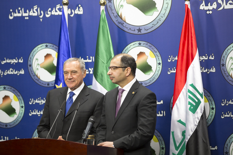 Conferenza stampa congiunta con lo Speaker del Parlamento, Salim Al Jabouri (Baghdad, Iraq).