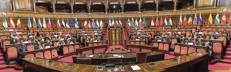 L'Aula legislativa di palazzo Madama durante i lavori del 4° Vertice dei Presidenti dei Parlamenti dell'Assemblea parlamentare dell'Unione per il Mediterraneo (AP-UpM).